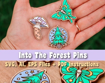 Into The Forest Pins SVG, Ai, EPS Dateien - Glowforge Dateien - Laser Cutter Dateien - Holz Anstecknadeln - Luna Moth SVG - Pilz SVG - Wandern