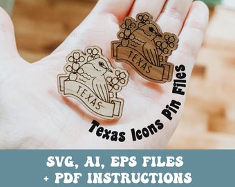 May include: Two wooden laser cut pins featuring a bird with the word "TEXAS" on a banner. The pins are held in a hand against a white background. The text "Texas Icons Pin Files" and "SVG, AI, EPS FILES + PDF INSTRUCTIONS" are also visible.