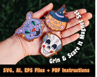 May include: A set of three Halloween-themed magnets featuring a purple cat, a pumpkin with a witch's hat, and a skull. The magnets are made of wood and have a distressed look. The text "Grin & Scare It Magnet Set" is written in white on a black background.