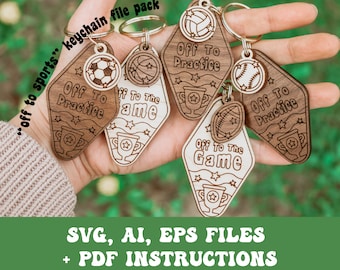 Off To Sports キーチェーン SVG、Ai、EPS ファイル - 野球 SVG - フットボール SVG - Glowforge ファイル - レーザー カッター ファイル - Glowforge キーチェーン