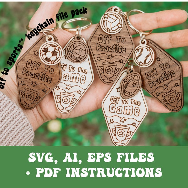 Off To Sports Keychain SVG, Ai, EPS files - Baseball Svg - Football Svg - Glowforge Files - Laser Cutter Files - Glowforge Keychain