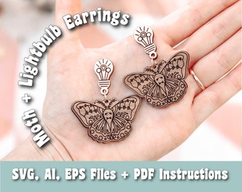Moth + Lightbulb Earrings SVG, Ai, EPS files - Moth Svg - Butterfly Svg - Earring Svg - Glowforge Files - Laser Cutter Files - Jewelry Svg