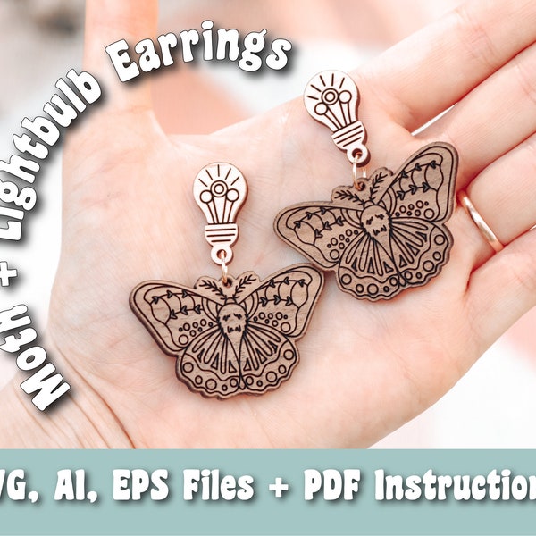 Moth + Lightbulb Earrings SVG, Ai, EPS files - Moth Svg - Butterfly Svg - Earring Svg - Glowforge Files - Laser Cutter Files - Jewelry Svg