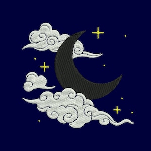 Moon and stars with clouds, night embroidery design for machine embroidery.