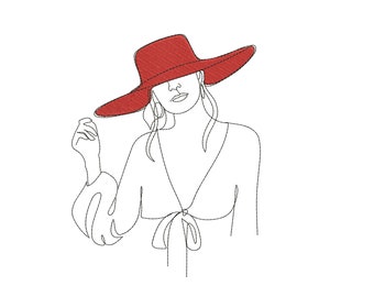 Una mujer de línea con sombrero rojo