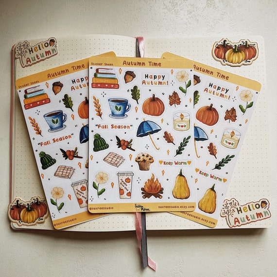 Autumn Time Theme Sticker Sheet- Fall sticker sheet, Cozy stickers, Planner stickers, Journal stickers, Cute stickers, fall sticker, bujo