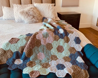 Handcrafted Crocheted Hexagon Vintage Flower Afghan