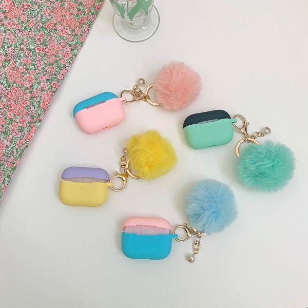 Colorblock Silicon Airpods Pro Case Fluffy Ball Key Chain Set