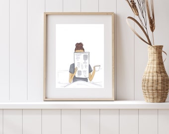 May include: A watercolor illustration of a person in bed reading a newspaper and holding a cup of coffee.