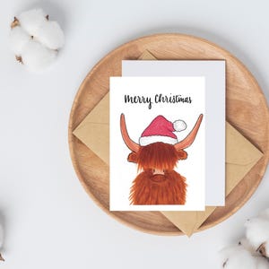 Cartão de Natal para download digital, cartão de vaca das Terras Altas, cartões de Natal ilustrados, impressões de Natal, presentes de Natal, decoração de Natal