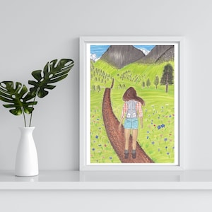Illustrated Hiking Poster, Outdoor Adventure Art Print, Wanderlust Art Print, Hiking Girl, Mountain Girl, Female Empowerment, Gifts for Her