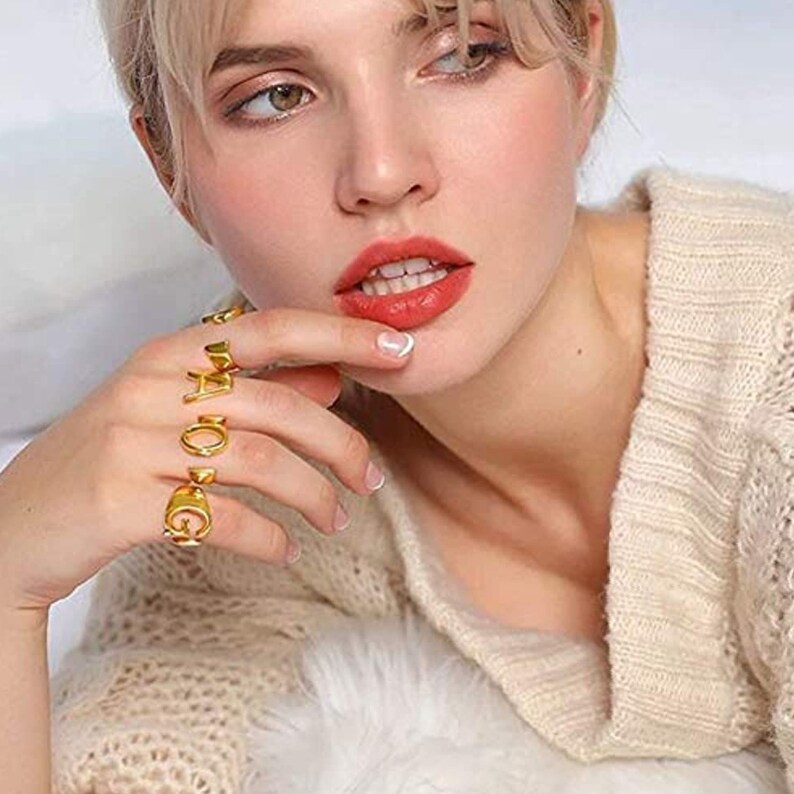 Custom Initial Adjustable Statement Rings \u2022 Handmade Initial 18K Gold Plated Ring \u2022 Signet Ring Gold Plated Open Alphabet \u2022 Birthday Gifts