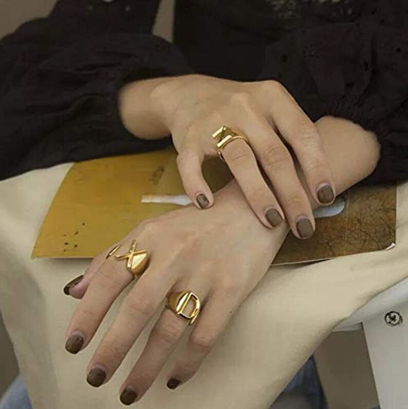 Custom Initial Adjustable Statement Rings \u2022 Handmade Initial 18K Gold Plated Ring \u2022 Signet Ring Gold Plated Open Alphabet \u2022 Birthday Gifts