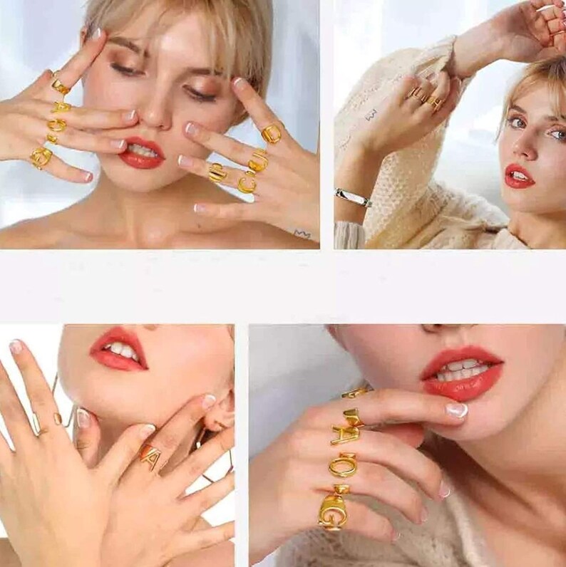 Custom Initial Adjustable Statement Rings \u2022 Handmade Initial 18K Gold Plated Ring \u2022 Signet Ring Gold Plated Open Alphabet \u2022 Birthday Gifts
