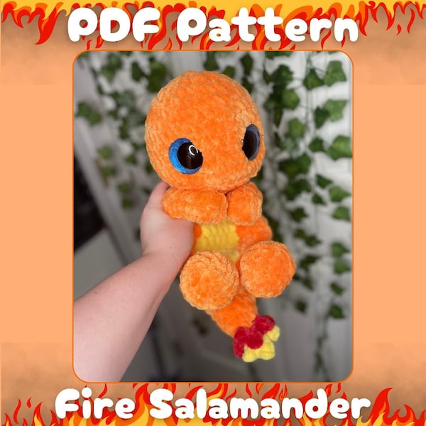 Crochet Fire Salamander snuggler pattern, Intermediate, Downloadable PDF crochet pattern, Written in US terminology
