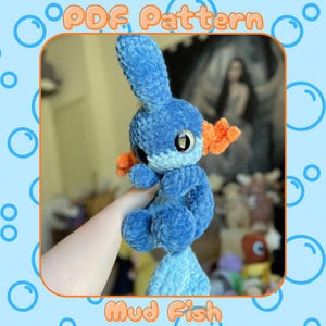 Crochet Mud Fish snuggler pattern inspired by mudkip, Intermediate level, Downloadable PDF crochet pattern, Written in US terminology