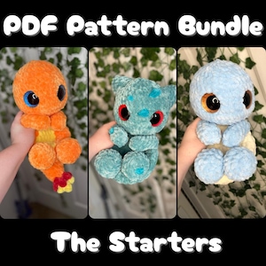 May include: A PDF pattern bundle featuring three plush crochet figures: an orange Charmander, a teal Bulbasaur, and a light blue Squirtle. Each figure has large, expressive eyes. The text "PDF Pattern Bundle" and "The Starters" are displayed.