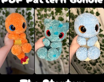 May include: A PDF pattern bundle featuring three plush crochet figures: an orange Charmander, a teal Bulbasaur, and a light blue Squirtle. Each figure has large, expressive eyes. The text "PDF Pattern Bundle" and "The Starters" are displayed.