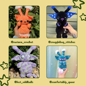 May include: Four crocheted plushies in different colors and designs. The plushies are all in the shape of a creature with large ears and a long tail. The plushies are being held by different people's hands. The plushies are all different colors, including orange, black, purple, and blue.