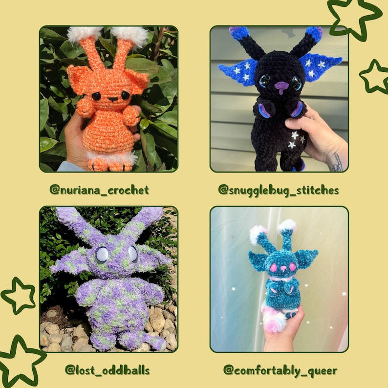 May include: Four crocheted plushies in different colors and designs. The plushies are all in the shape of a creature with large ears and a long tail. The plushies are being held by different people's hands. The plushies are all different colors, including orange, black, purple, and blue.