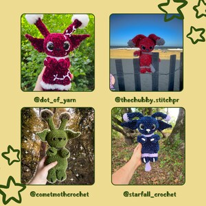 May include: Four crocheted plushies in different colors and styles. The first is a red plush with white stitching, the second is a red plush with white stitching, the third is a green plush with white stitching, and the fourth is a blue plush with white stitching.