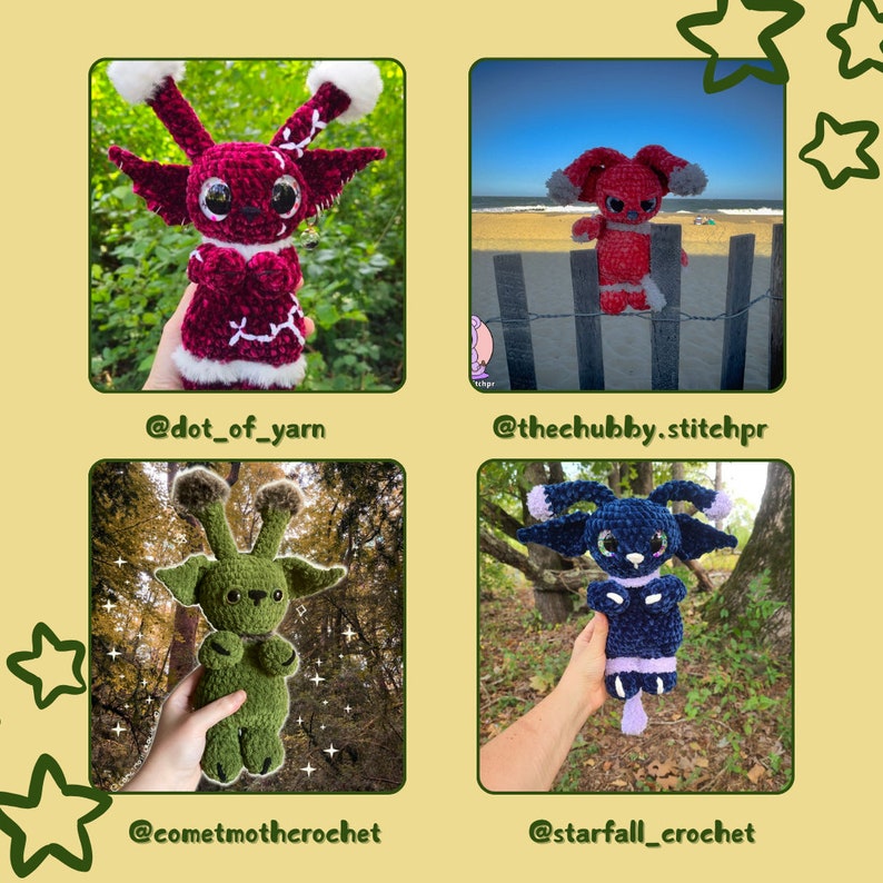 May include: Four crocheted plushies in different colors and styles. The first is a red plush with white stitching, the second is a red plush with white stitching, the third is a green plush with white stitching, and the fourth is a blue plush with white stitching.