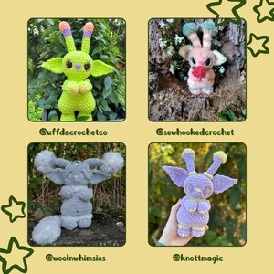 May include: Four crocheted plushies in different colors and styles. The plushies are all in the shape of a creature with large ears and a long tail. The plushies are all standing on a variety of surfaces, including grass, dirt, and wood. The plushies are all wearing different expressions, including happy, sad, and surprised. The plushies are all made with different types of yarn, including cotton, wool, and acrylic. The plushies are all handmade and unique.