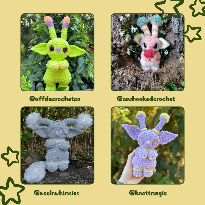 May include: Four crocheted plushies in different colors and styles. The plushies are all in the shape of a creature with large ears and a long tail. The plushies are all standing on a variety of surfaces, including grass, dirt, and wood. The plushies are all wearing different expressions, including happy, sad, and surprised. The plushies are all made with different types of yarn, including cotton, wool, and acrylic. The plushies are all handmade and unique.