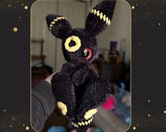 Crochet dark fox snuggler pattern inspired by Umbreon, Intermediate pattern, Downloadable pdf crochet pattern, Written in US terminology