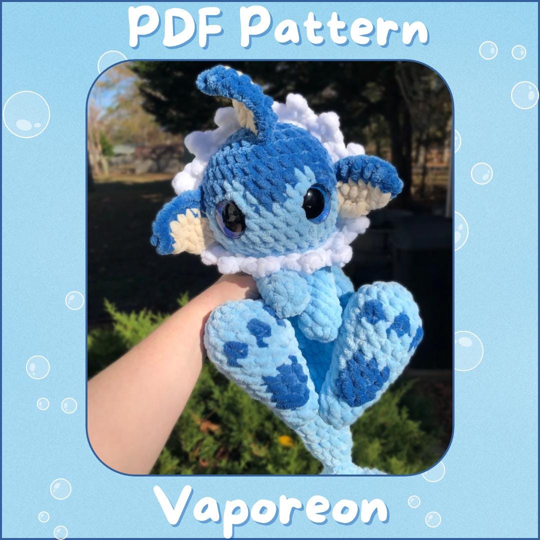 Crochet Water Fox snuggler inspired by Vaporeon, Intermediate pattern, Downloadable pdf crochet pattern, Written in US terminology