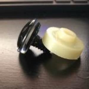 Op de afbeelding: Een zwarte plastic schroef met een zilveren ring en een witte plastic ring. De schroef heeft een platte kop en een kruiskop.