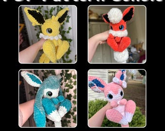 May include: A PDF pattern bundle featuring four crocheted fox plushies in various colors. The plushies include yellow, red, blue, and pink foxes, each with unique features. The text "PDF Pattern Bundle" and "Fox Pack 1" are displayed.
