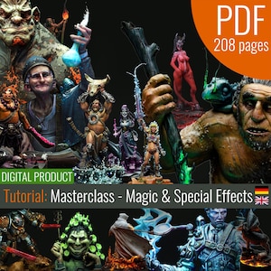 May include: A digital product tutorial on how to paint magic and special effects for miniature figures. The tutorial is 208 pages long and includes a variety of examples of different effects. The tutorial is available in both English and German.