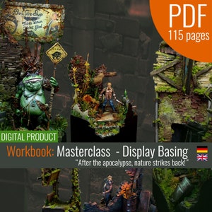 Puede incluir: Un libro de trabajo de producto digital titulado "Masterclass - Display Basing" con una rana verde, un hombre con un cuchillo y una mujer con un arco y una flecha. El libro de trabajo tiene 115 páginas e incluye el texto "¡Después del apocalipsis, la naturaleza contraataca!"