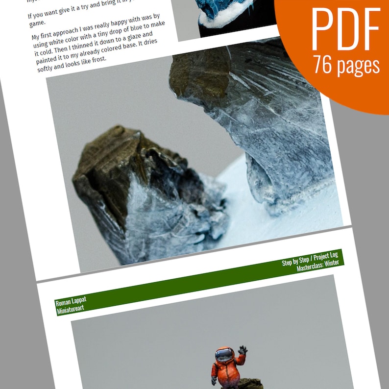 May include: A close-up of a miniature model of a rocky terrain covered in white and blue paint. The text "Step by Step/Project Log Masterclass: Winter" is visible in the lower right corner of the image.