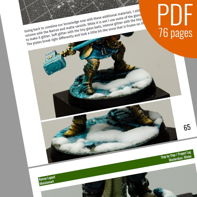 May include: A close-up of a miniature figure standing on a base covered in white snow. The figure is wearing blue and gold armor and is holding a hammer. The base is made of a textured material and has a blue and green color scheme. The image is from a step-by-step guide for painting miniatures.