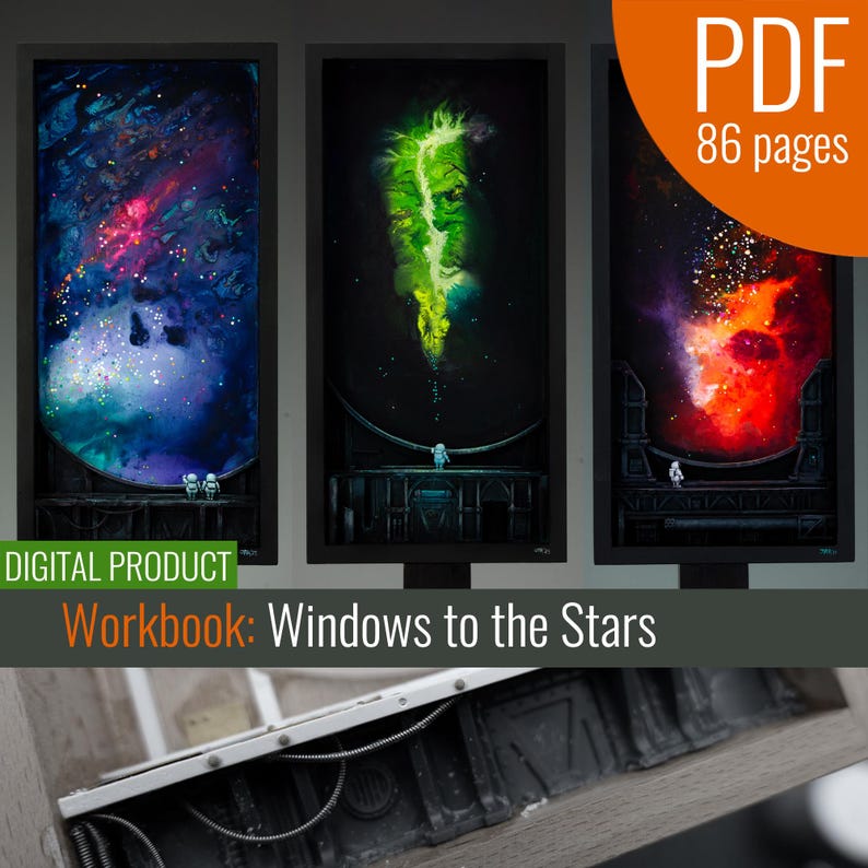 May include: A digital product workbook titled "Windows to the Stars" with three images of space scenes in framed artwork. The scenes are a blue nebula, a green nebula, and a red nebula. Each scene has a small figure of an astronaut standing in front of the window.