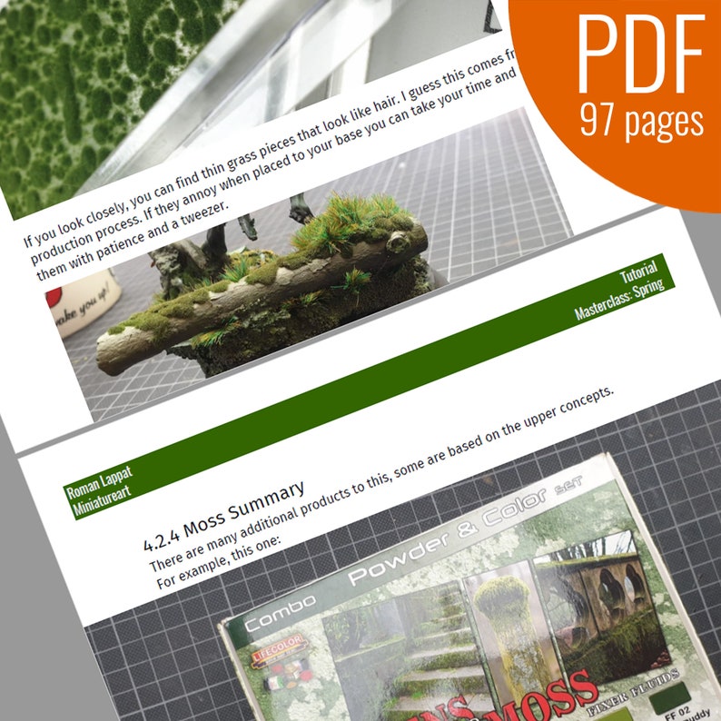 May include: A close-up of a miniature model covered in green moss. The moss is made of thin grass pieces that look like hair. The text "4.2.4 Moss Summary" is visible in the image. The text "There are many additional products to this, some are based on the upper concepts. For example, this one: Combo Powder & Color Set" is also visible in the image.