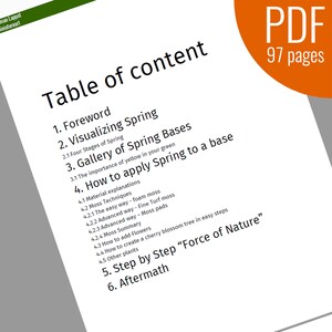 May include: A table of contents for a 97-page PDF document titled "Force of Nature". The document covers topics such as visualizing spring, gallery of spring bases, how to apply spring to a base, and step-by-step instructions.