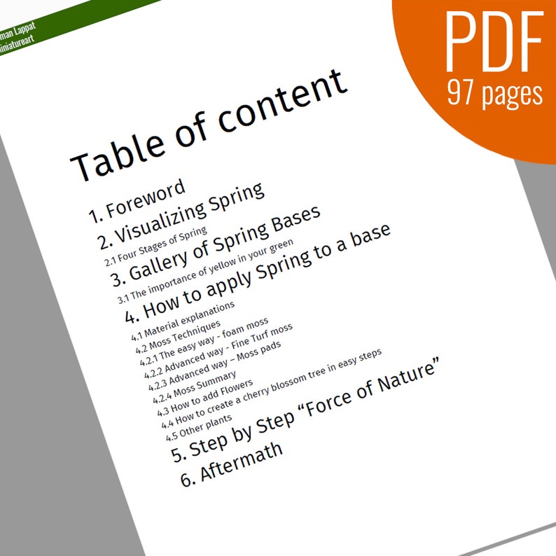 May include: A table of contents for a 97-page PDF document titled "Force of Nature". The document covers topics such as visualizing spring, gallery of spring bases, how to apply spring to a base, and step-by-step instructions.