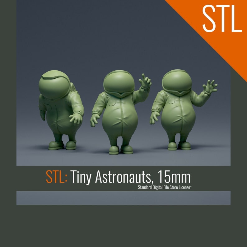 May include: Three green 15mm 3D printed astronaut figurines in different poses. STL: Tiny Astronauts, 15mm. Standard Digital File Store License.