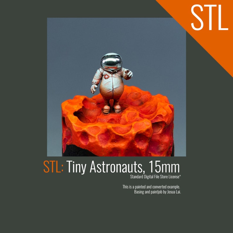May include: A 15mm miniature astronaut figure painted in white and silver, standing on a red and orange textured base. The figure is wearing a helmet and has a small red cross on its chest. The text "STL: Tiny Astronauts, 15mm" is below the figure.
