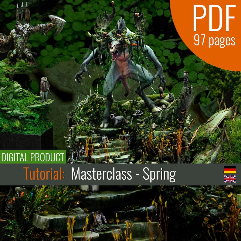 May include: A digital tutorial on creating a spring-themed miniature scene. The tutorial includes a detailed guide on painting a green, mossy, and leafy forest scene with a creature with antlers and a human figure. The tutorial is available as a 97-page PDF.