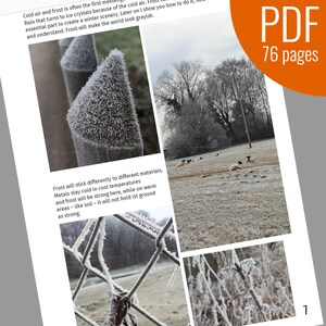May include: A close-up of frost covering a wooden fence post, a chain link fence, and a field of grass. The text "Frost will stick differently to different materials. Metals stay cold in cool temperatures and frost will be strong here, while on warm areas - like soil - it will not hold ist ground as strong." is visible in the image.
