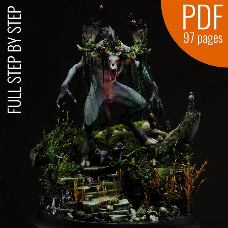 May include: A detailed miniature of a monstrous creature with antlers, a snarling face, and a mossy base. The creature is painted in shades of green, blue, and pink. The base is covered in moss and small plants.