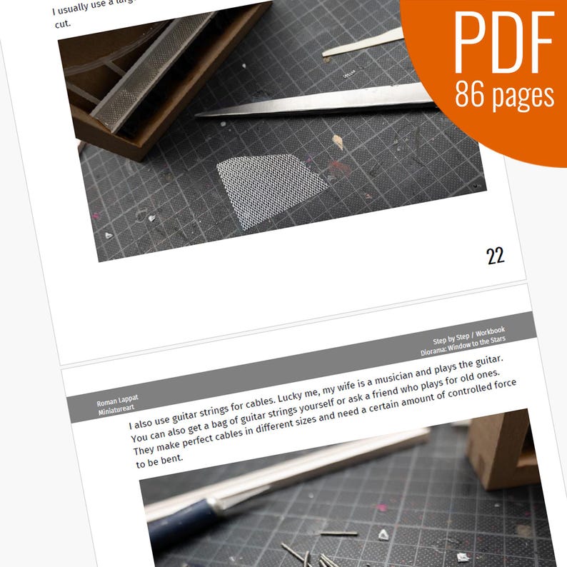 May include: Close-up of a silver guitar string, a tool, and a piece of mesh fabric. The text "Step by Step/Workbook Diorama: Window to the Stars" is visible in the background.