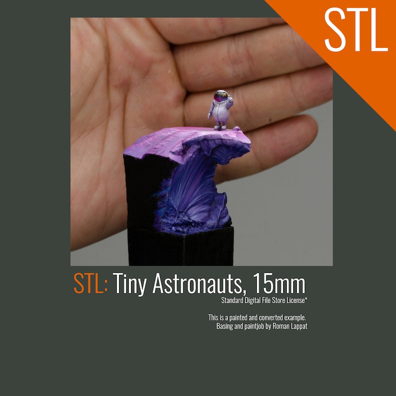 May include: A small, white astronaut figurine standing on a purple and black rock formation. The figurine is 15mm tall and is painted in a realistic style. The text "STL: Tiny Astronauts, 15mm" is visible below the figurine.