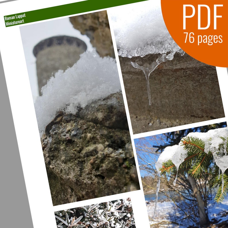 May include: A collage of four images showing snow and ice formations. The first image shows a stone wall covered in snow with a tower in the background. The second image shows a close-up of a rock with icicles hanging from it. The third image shows a tree branch covered in snow with icicles hanging from it. The fourth image shows a close-up of a bush covered in snow.