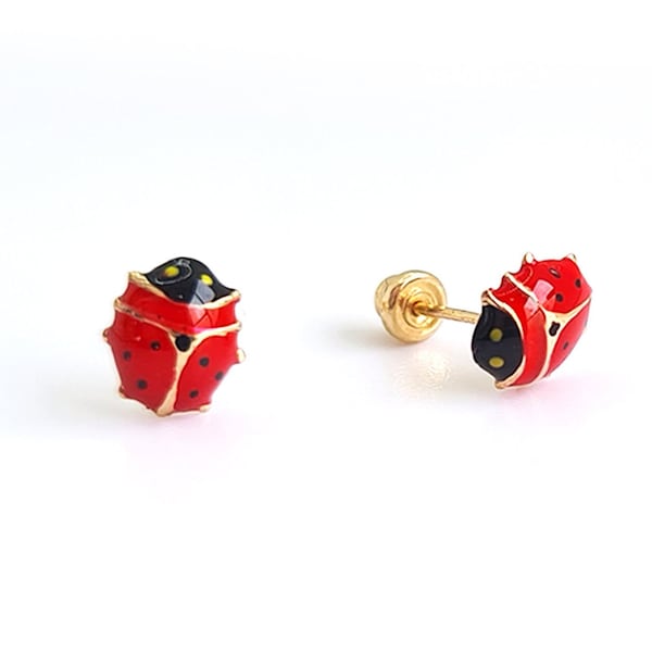 10k Gold ladybug stud earrings, Ladybug jewelry, Ladybird Good Luck Earrings, Red enamel ladybug post earrings, SOLD by PIECE or PAIR