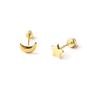 10k Solid Gold tiny Galaxy Earrings, Fine Star and Moon Screw back studs, Comfortable Celestial Jewelry, Moon & Star minimalist earring